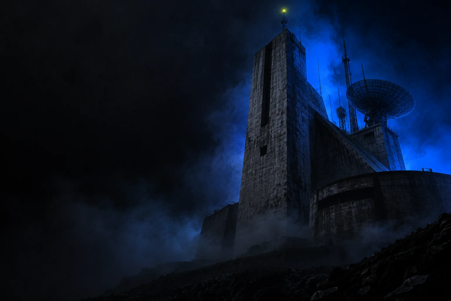 Concept artwork: a concrete broadcast tower illuminated by cobalt light in the fog