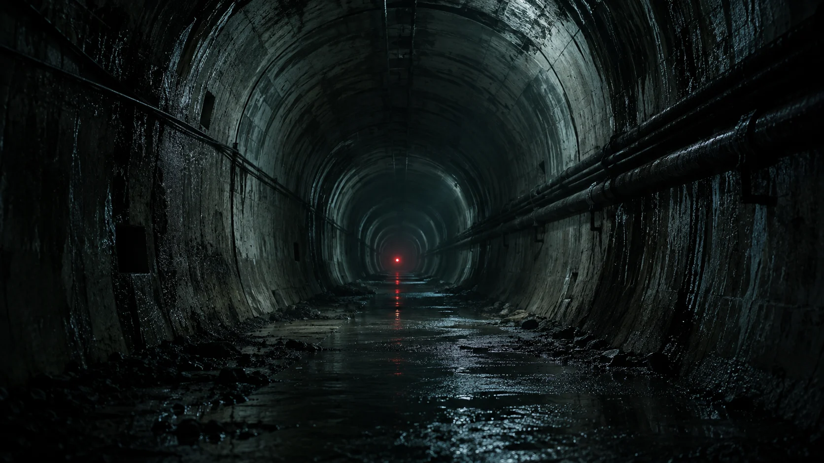 A deserted concrete tunnel with a distant red light